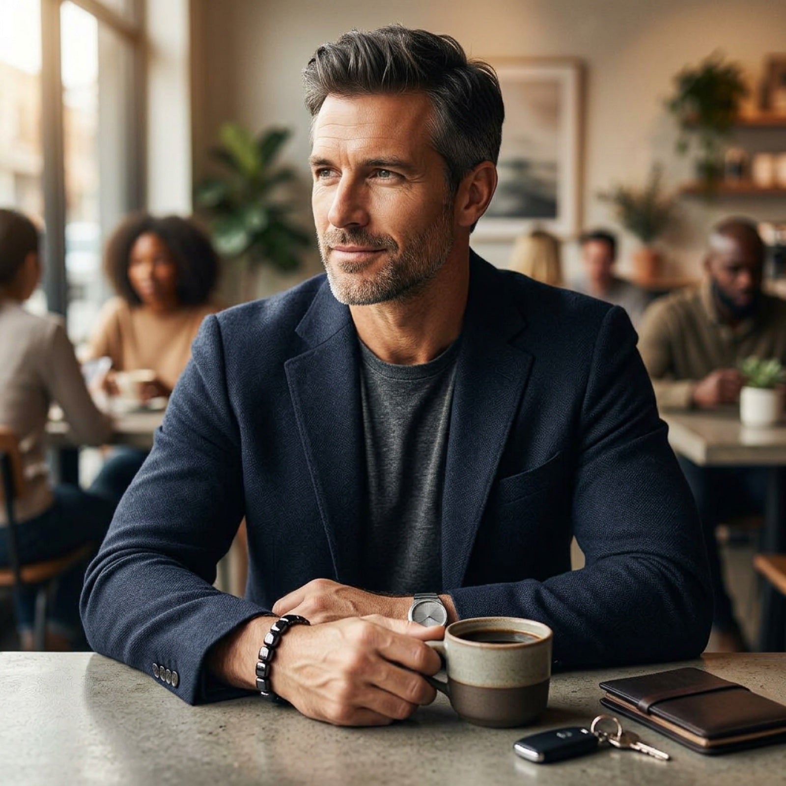 Man wearing VORTIS bracelet at café
