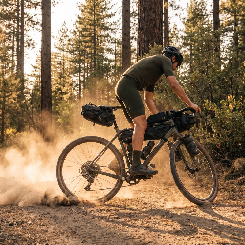 Gravel cyclist standing on the pedals, AirRide saddle visible